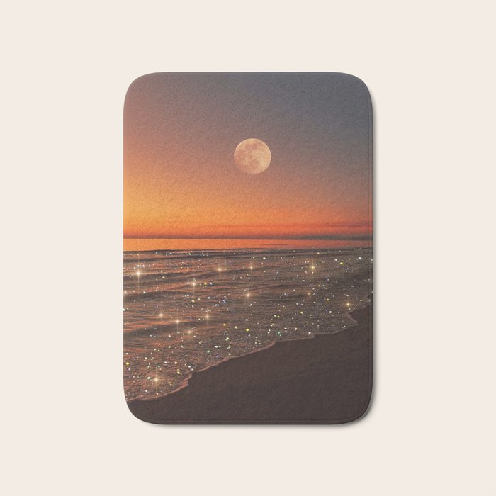 SUNSET WITH A FULL MOON | collage | nature | warm | ocean | sea | glitter | glow | waves | sky bling Bath Mat Gallery Image 1