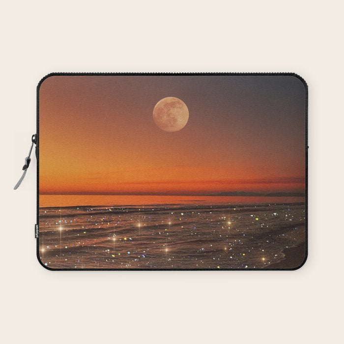 SUNSET WITH A FULL MOON | collage | nature | warm | ocean | sea | glitter | glow | waves | sky bling Laptop Sleeve Gallery Image 1