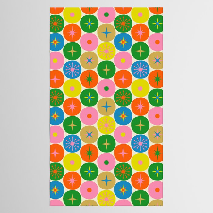 Mid Century Modern Atomic Future Colorful Dots and Stars Pattern Tablecloth Gallery Image 2