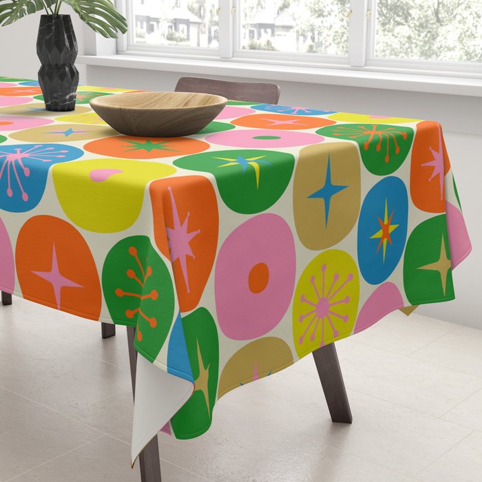Mid Century Modern Atomic Future Colorful Dots and Stars Pattern Tablecloth Gallery Image 3