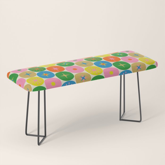 Mid Century Modern Atomic Future Colorful Dots and Stars Pattern Bench Gallery Image 1