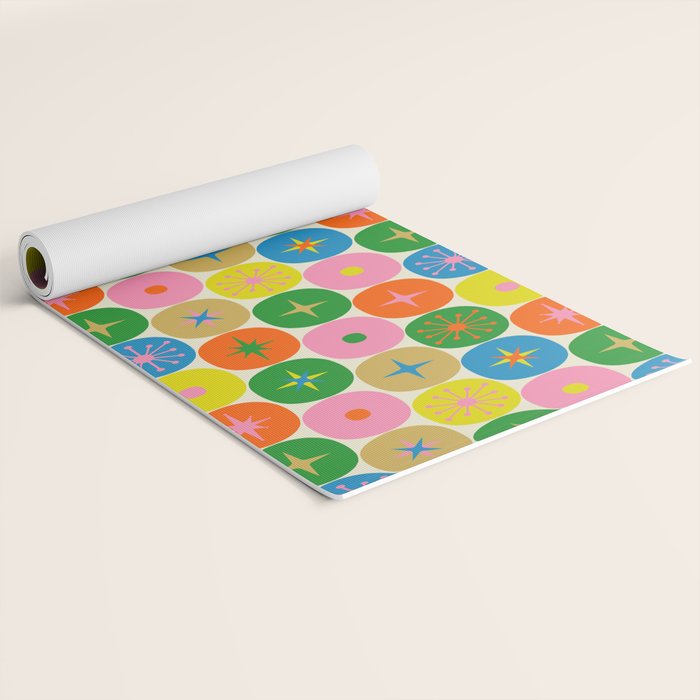 Mid Century Modern Atomic Future Colorful Dots and Stars Pattern Yoga Mat Gallery Image 2