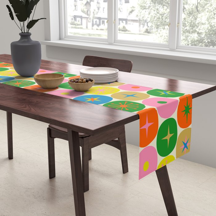 Mid Century Modern Atomic Future Colorful Dots and Stars Pattern Table Runner Gallery Image 2