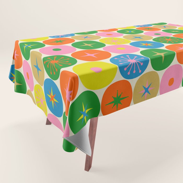 Mid Century Modern Atomic Future Colorful Dots and Stars Pattern Tablecloth Gallery Image 1