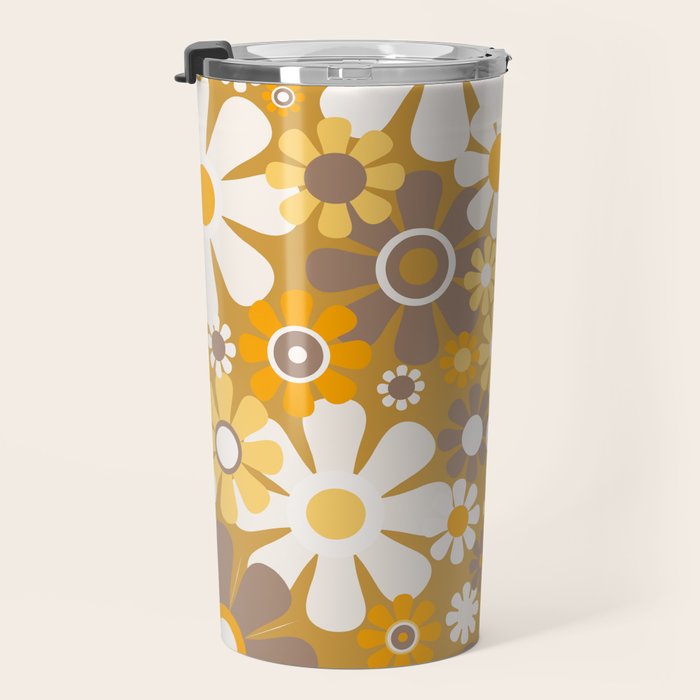 Retro Garden Flowers Groovy 60s 70s Floral Pattern in Ochre Yellow Orange Travel Mug Gallery Image 3