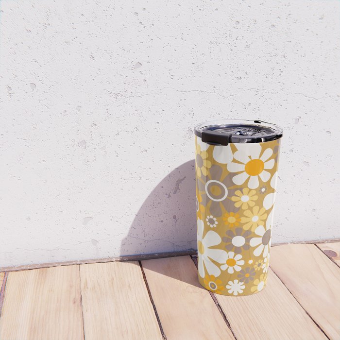 Retro Garden Flowers Groovy 60s 70s Floral Pattern in Ochre Yellow Orange Travel Mug Gallery Image 4