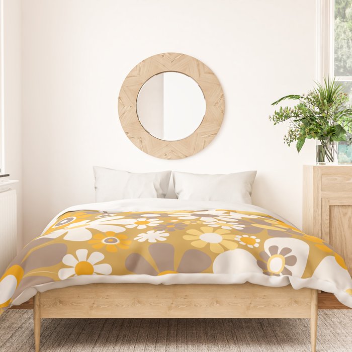 Retro Garden Flowers Groovy 60s 70s Floral Pattern in Ochre Yellow Orange Duvet Cover Gallery Image 3