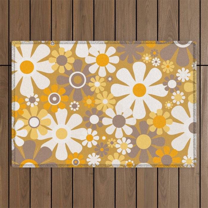 Retro Garden Flowers Groovy 60s 70s Floral Pattern in Ochre Yellow Orange Outdoor Rug Gallery Image 1