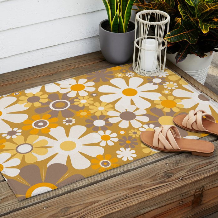 Retro Garden Flowers Groovy 60s 70s Floral Pattern in Ochre Yellow Orange Outdoor Rug Gallery Image 2