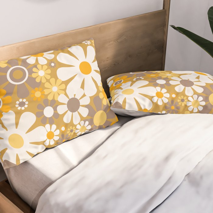 Retro Garden Flowers Groovy 60s 70s Floral Pattern in Ochre Yellow Orange Pillow Sham Gallery Image 2