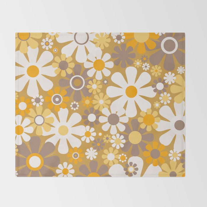 Retro Garden Flowers Groovy 60s 70s Floral Pattern in Ochre Yellow Orange Throw Blanket Gallery Image 2