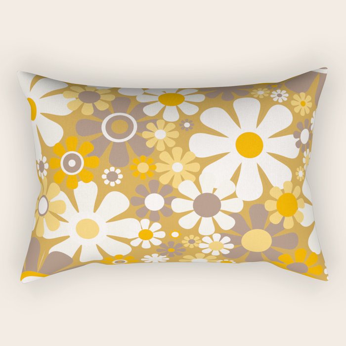 Retro Garden Flowers Groovy 60s 70s Floral Pattern in Ochre Yellow Orange Rectangular Pillow Gallery Image 2