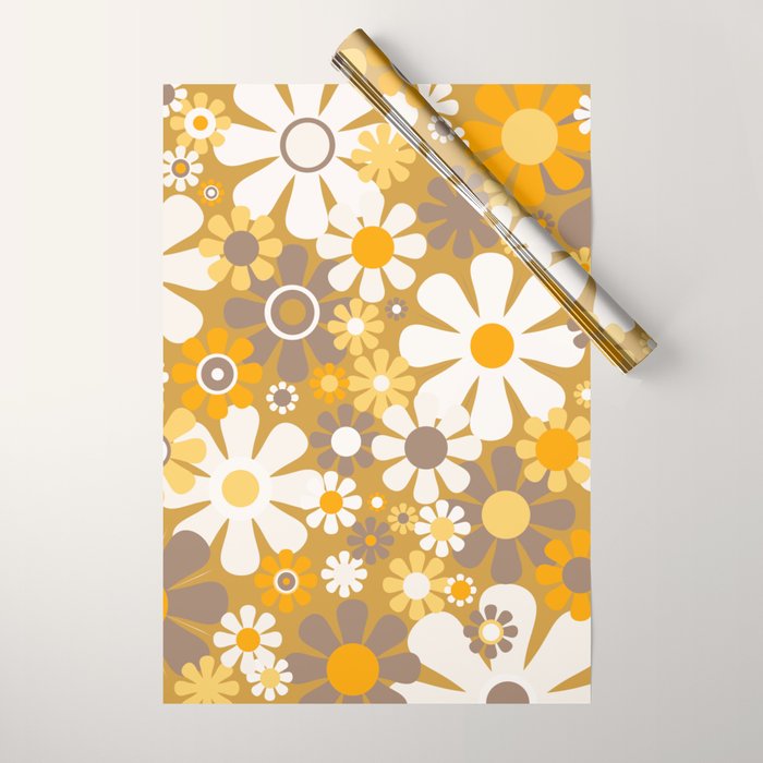 Retro Garden Flowers Groovy 60s 70s Floral Pattern in Ochre Yellow Orange Wrapping Paper Gallery Image 1