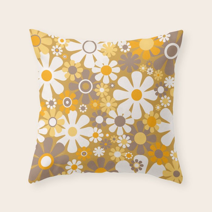 Retro Garden Flowers Groovy 60s 70s Floral Pattern in Ochre Yellow Orange Throw Pillow Gallery Image 6
