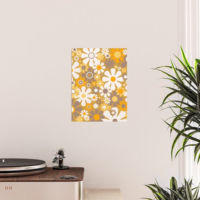 Retro Garden Flowers Groovy 60s 70s Floral Pattern in Ochre Yellow Orange Poster Gallery Image 2