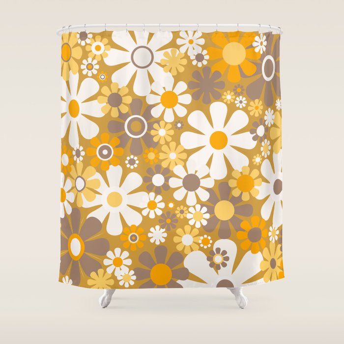 Retro Garden Flowers Groovy 60s 70s Floral Pattern in Ochre Yellow Orange Shower Curtain Gallery Image 1
