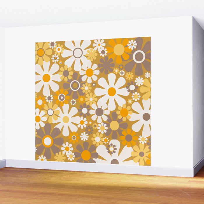 Retro Garden Flowers Groovy 60s 70s Floral Pattern in Ochre Yellow Orange Wall Mural Gallery Image 2