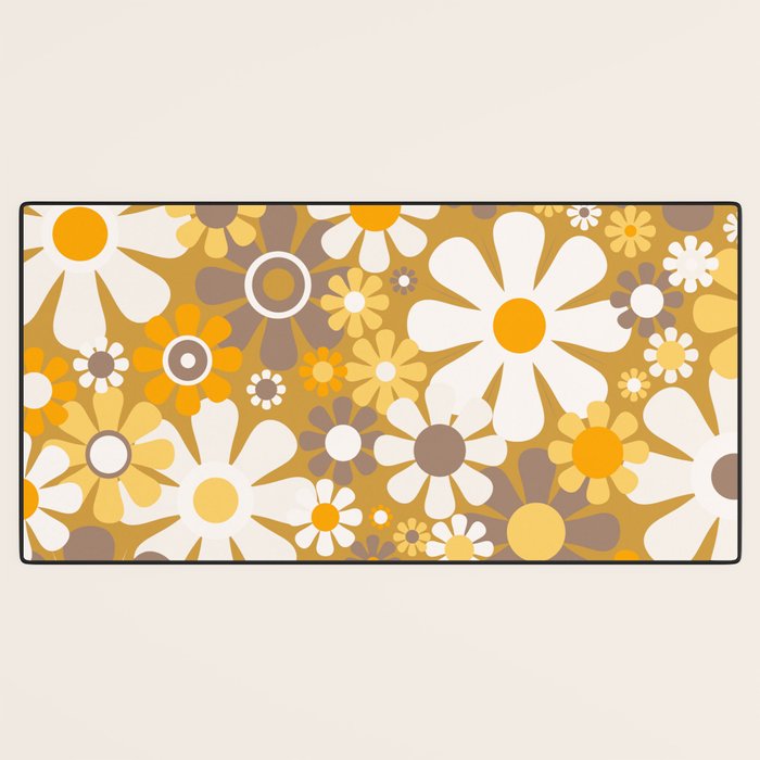 Retro Garden Flowers Groovy 60s 70s Floral Pattern in Ochre Yellow Orange Desk Mat Gallery Image 3