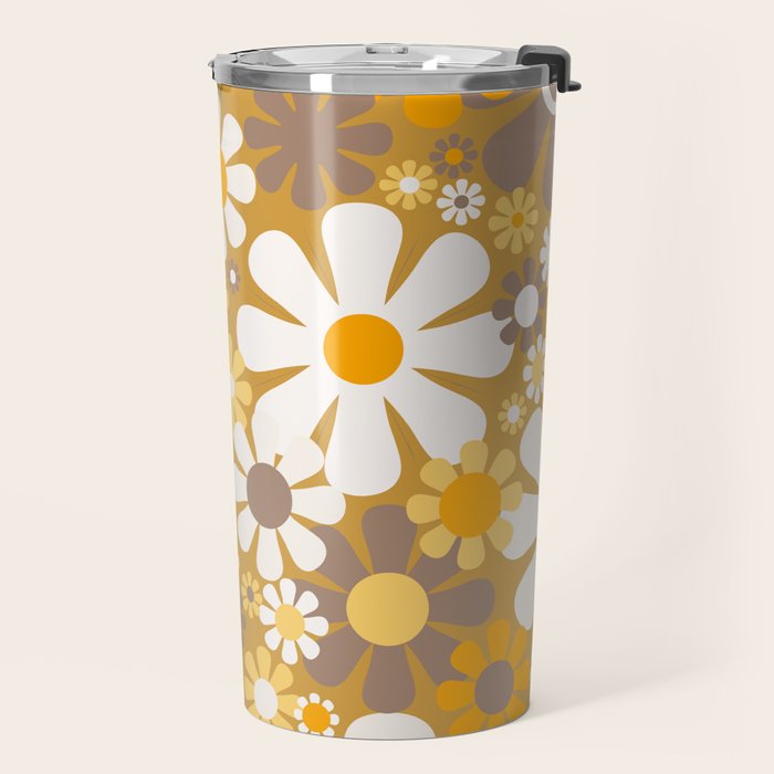 Retro Garden Flowers Groovy 60s 70s Floral Pattern in Ochre Yellow Orange Travel Mug Gallery Image 2