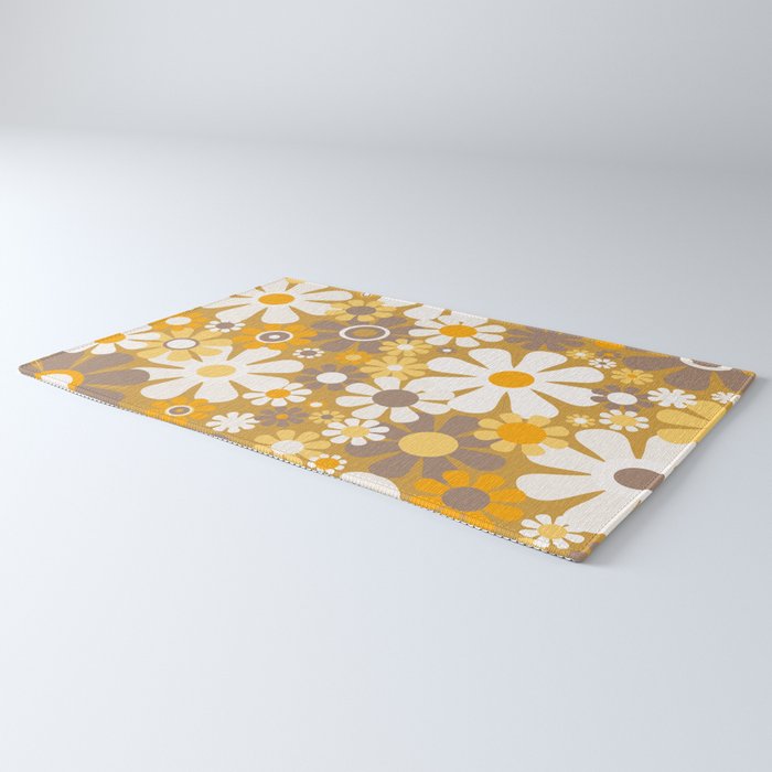 Retro Garden Flowers Groovy 60s 70s Floral Pattern in Ochre Yellow Orange Rug Gallery Image 3