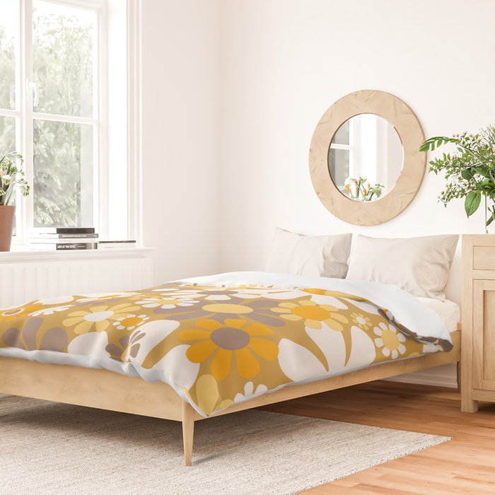 Retro Garden Flowers Groovy 60s 70s Floral Pattern in Ochre Yellow Orange Duvet Cover Gallery Image 2