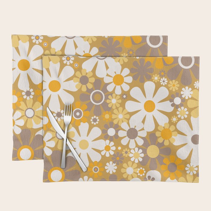 Retro Garden Flowers Groovy 60s 70s Floral Pattern in Ochre Yellow Orange Placemat Gallery Image 1