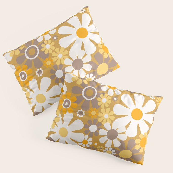 Retro Garden Flowers Groovy 60s 70s Floral Pattern in Ochre Yellow Orange Pillow Sham Gallery Image 3