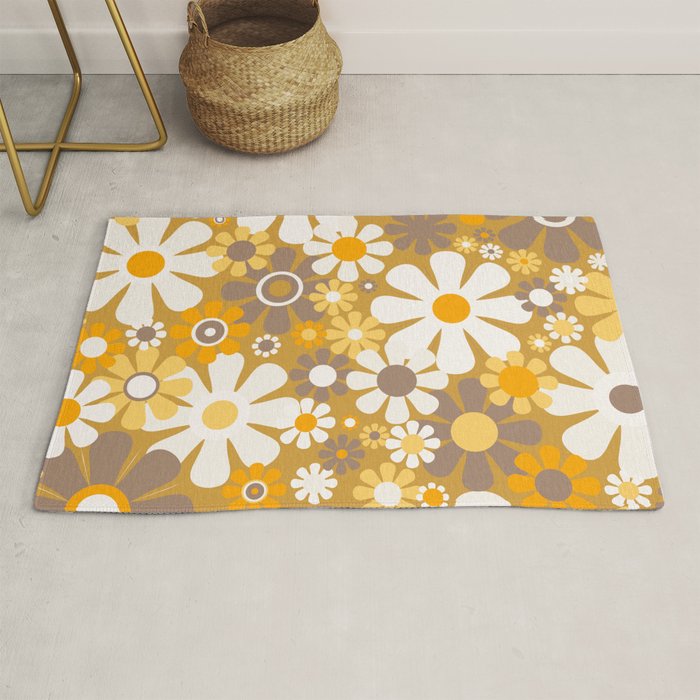 Retro Garden Flowers Groovy 60s 70s Floral Pattern in Ochre Yellow Orange Rug Gallery Image 1