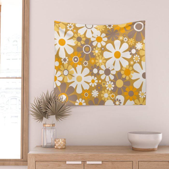 Retro Garden Flowers Groovy 60s 70s Floral Pattern in Ochre Yellow Orange Wall Tapestry Gallery Image 2