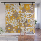 Retro Garden Flowers Groovy 60s 70s Floral Pattern in Ochre Yellow Orange Wall Mural Gallery Image 1
