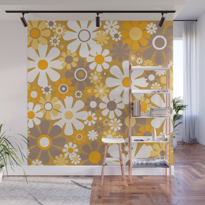 Retro Garden Flowers Groovy 60s 70s Floral Pattern in Ochre Yellow Orange Wall Mural Gallery Image 1