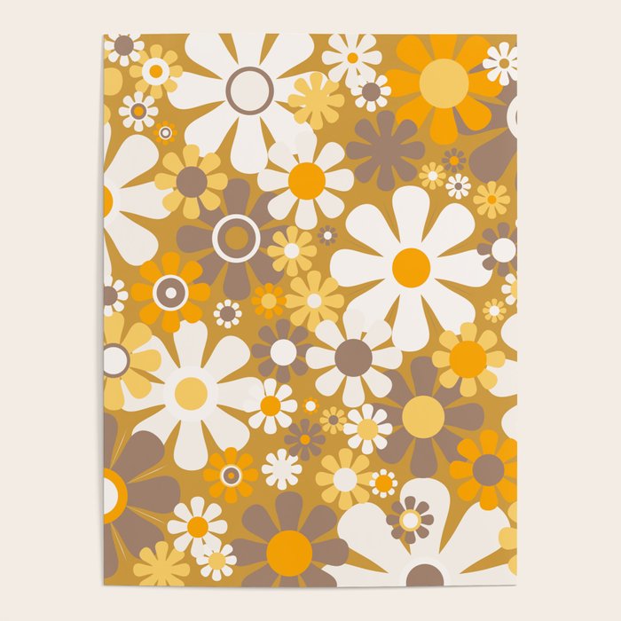 Retro Garden Flowers Groovy 60s 70s Floral Pattern in Ochre Yellow Orange Poster Gallery Image 4