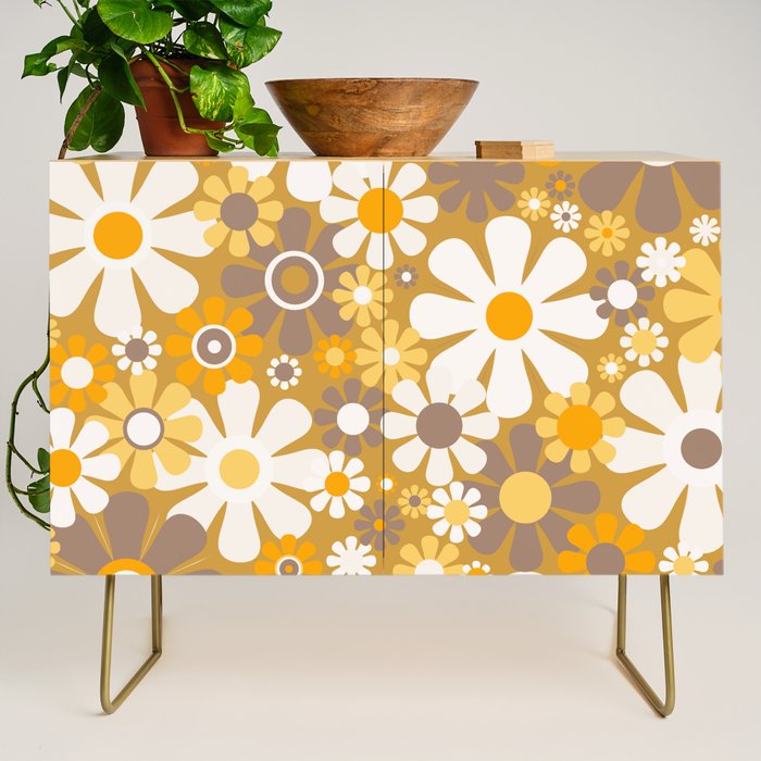 Retro Garden Flowers Groovy 60s 70s Floral Pattern in Ochre Yellow Orange Credenza Gallery Image 1