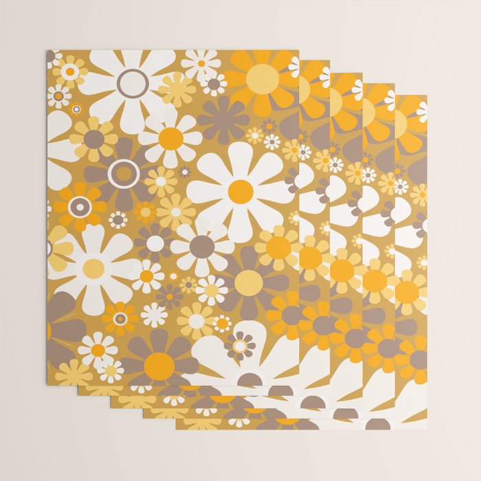 Retro Garden Flowers Groovy 60s 70s Floral Pattern in Ochre Yellow Orange Wrapping Paper Gallery Image 3
