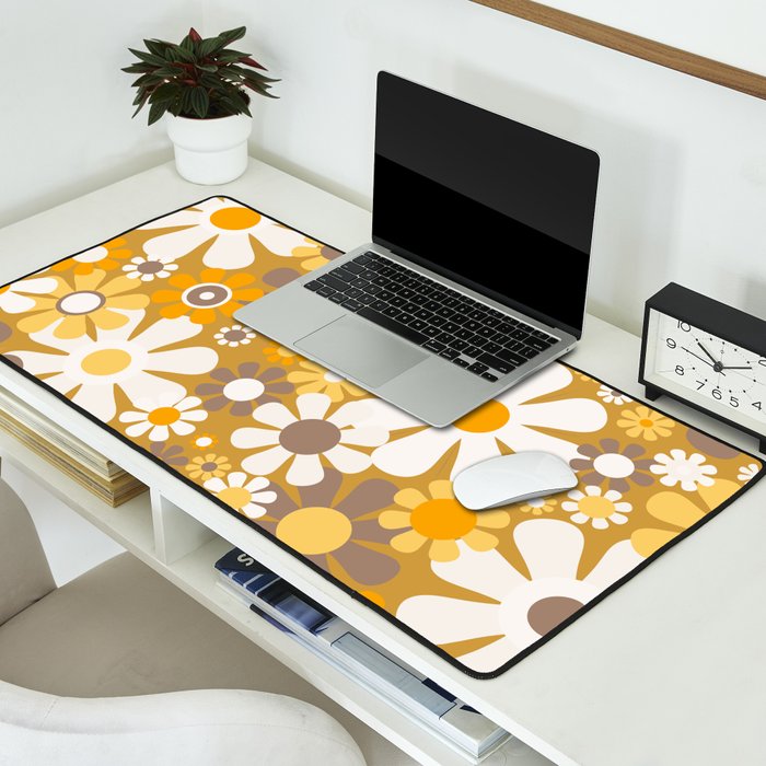 Retro Garden Flowers Groovy 60s 70s Floral Pattern in Ochre Yellow Orange Desk Mat Gallery Image 2