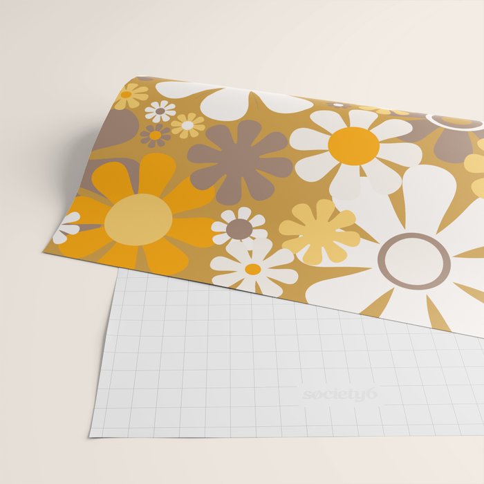 Retro Garden Flowers Groovy 60s 70s Floral Pattern in Ochre Yellow Orange Wrapping Paper Gallery Image 2