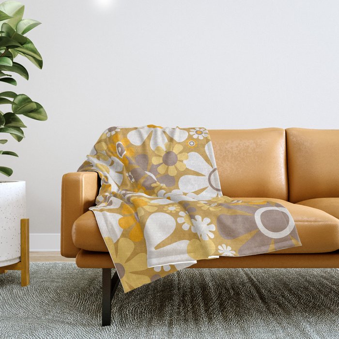 Retro Garden Flowers Groovy 60s 70s Floral Pattern in Ochre Yellow Orange Throw Blanket Gallery Image 1