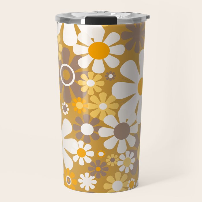 Retro Garden Flowers Groovy 60s 70s Floral Pattern in Ochre Yellow Orange Travel Mug Gallery Image 1