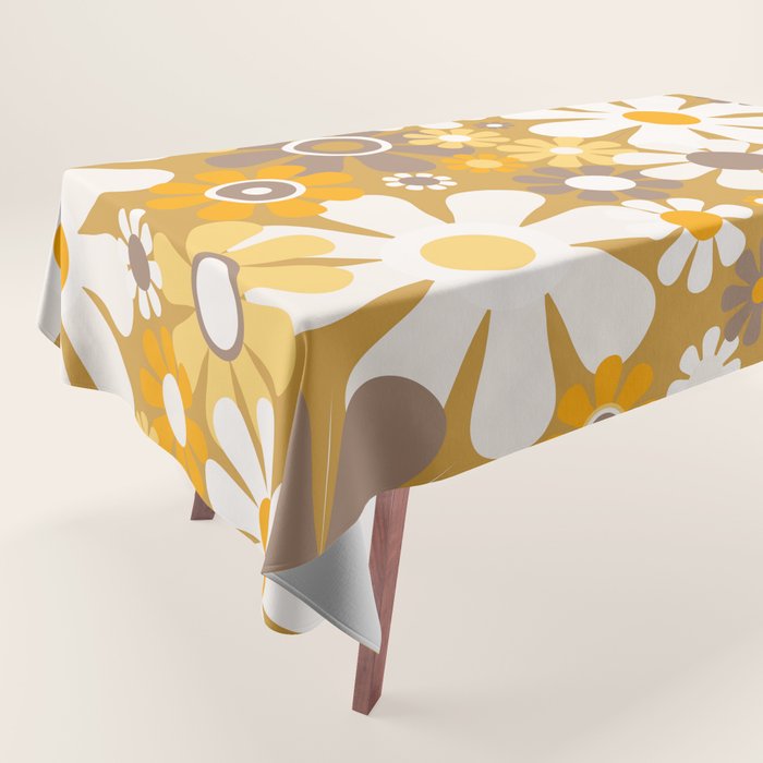 Retro Garden Flowers Groovy 60s 70s Floral Pattern in Ochre Yellow Orange Tablecloth Gallery Image 1