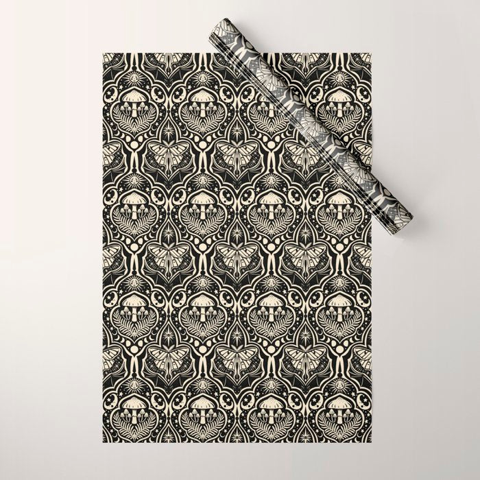 Celestial Forest Damask - black and cream Wrapping Paper Gallery Image 1