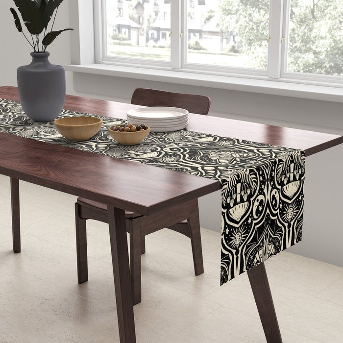 Celestial Forest Damask - black and cream Table Runner Gallery Image 2