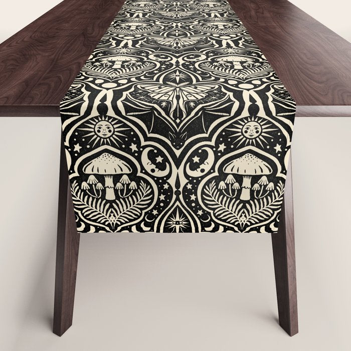Celestial Forest Damask - black and cream Table Runner Gallery Image 1