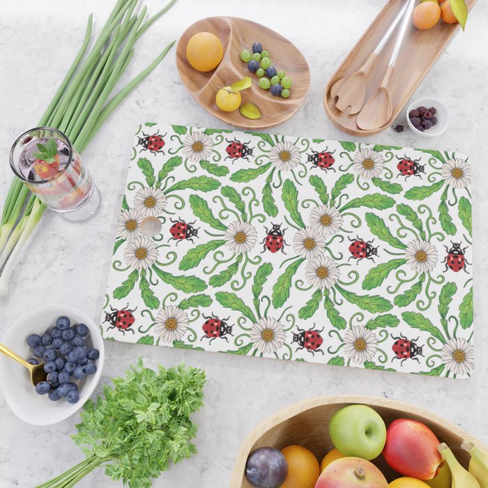 Ladybugs & Daisies - Cute Floral Bug Pattern with Ladybirds Cutting Board Gallery Image 2