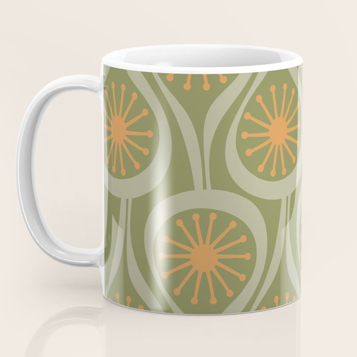 Mid Century Modern Atomic Drops Retro Pattern in Vintage Olive Green, Celadon, and Cantaloupe Orange Coffee Mug Gallery Image 3