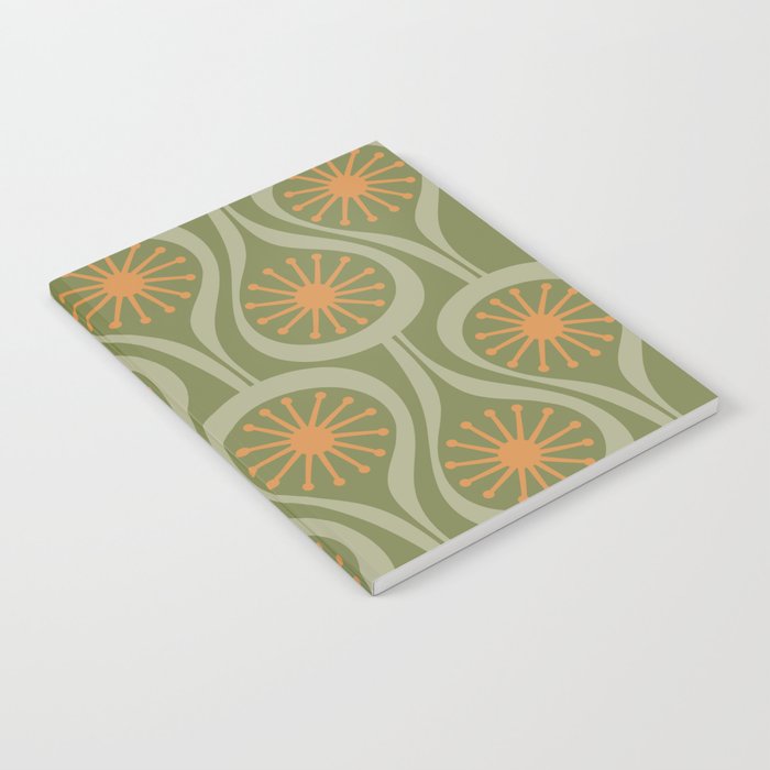 Mid Century Modern Atomic Drops Retro Pattern in Vintage Olive Green, Celadon, and Cantaloupe Orange Notebook Gallery Image 2