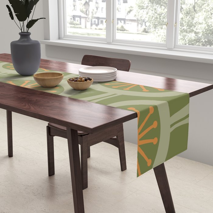 Mid Century Modern Atomic Drops Retro Pattern in Vintage Olive Green, Celadon, and Cantaloupe Orange Table Runner Gallery Image 2