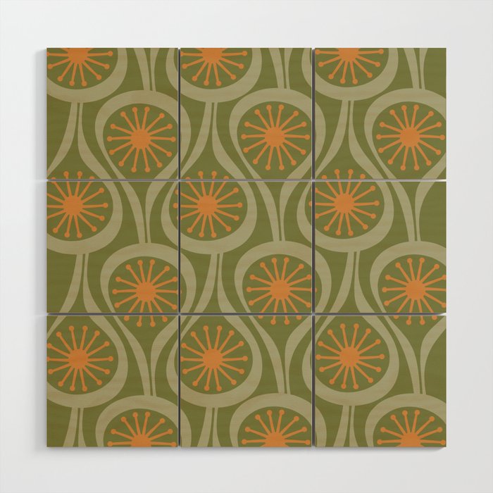 Mid Century Modern Atomic Drops Retro Pattern in Vintage Olive Green, Celadon, and Cantaloupe Orange Wood Wall Art Gallery Image 1