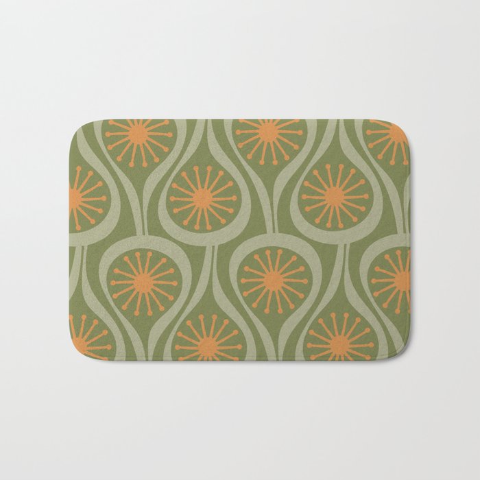 Mid Century Modern Atomic Drops Retro Pattern in Vintage Olive Green, Celadon, and Cantaloupe Orange Bath Mat Gallery Image 1
