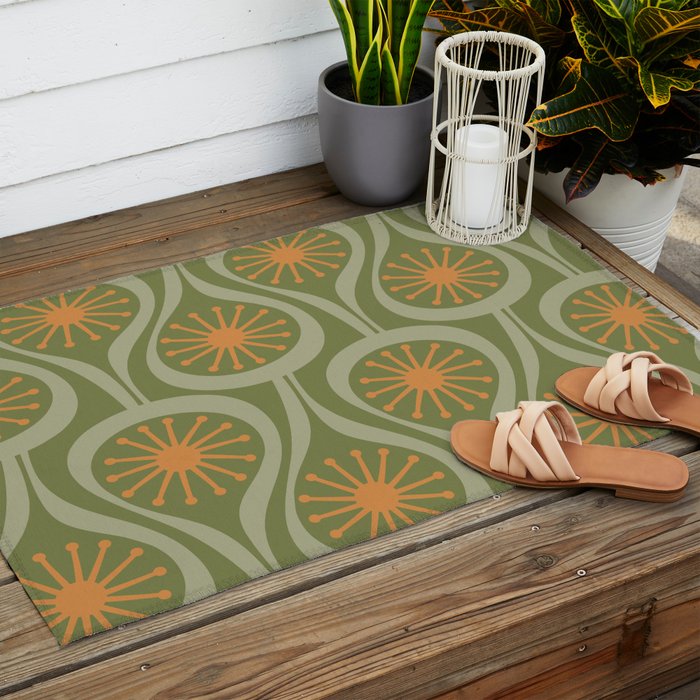 Mid Century Modern Atomic Drops Retro Pattern in Vintage Olive Green, Celadon, and Cantaloupe Orange Outdoor Rug Gallery Image 2