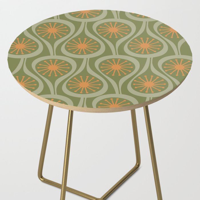 Mid Century Modern Atomic Drops Retro Pattern in Vintage Olive Green, Celadon, and Cantaloupe Orange Side Table Gallery Image 2